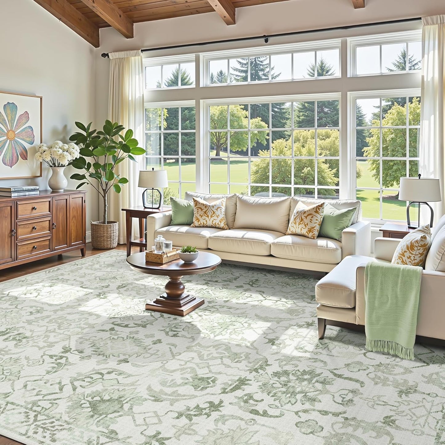 Sage Neutral Large Area Rug10x12 for Living Room, Washable Rug for Dining Room Bedroom, Anti-Slip Low-Pile and Soft Accent Rug Farmhouse Office Home Decor Light Green