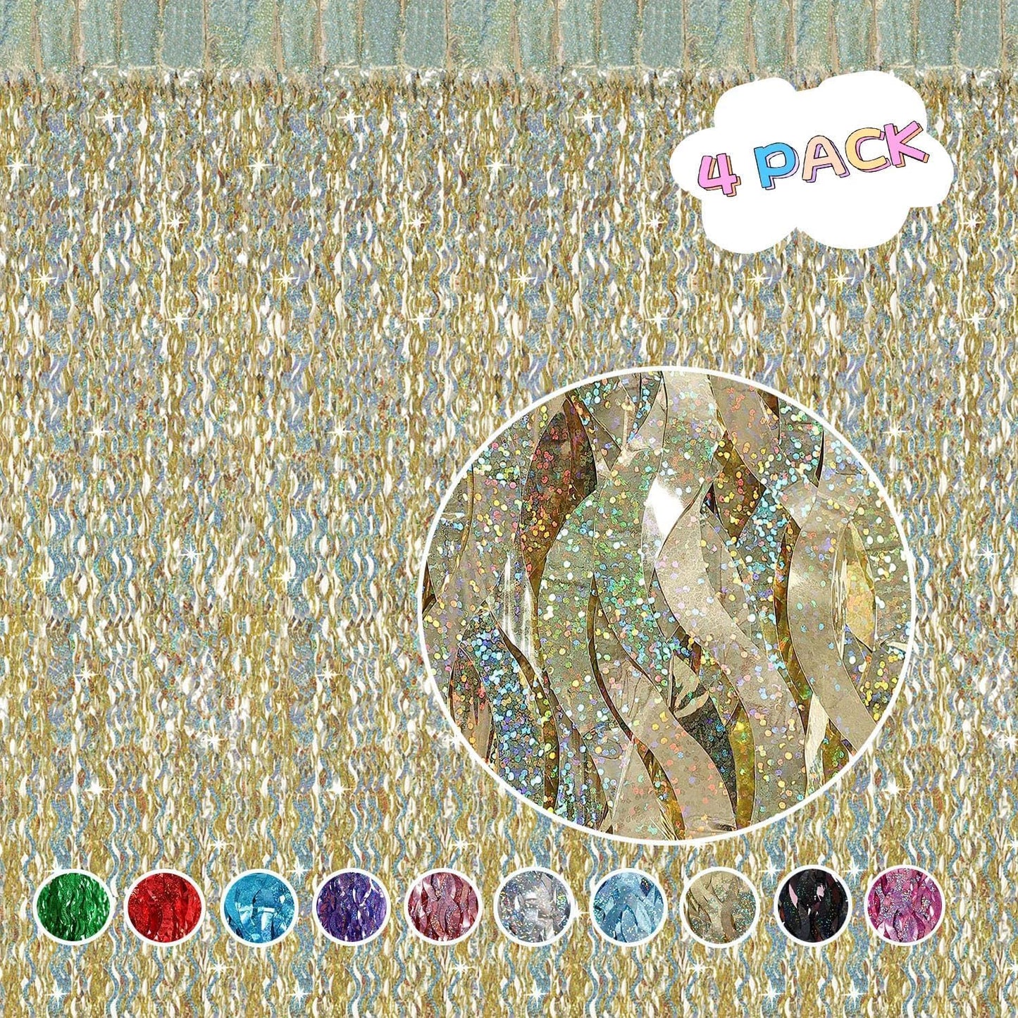 4 Pack Champagne Gold Fringe Curtain Backdrop - CYLMFC 3.3 ft x 6.6 ft Shimmer Wavy Foil Curtain for Birthday Party, Yellow Fringe Backdrop Streamers Party Decorations