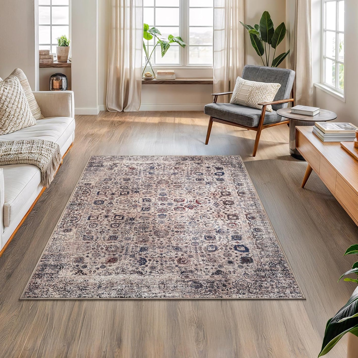 Bloom Rugs Washable Non-Slip 4' x 6' Rug - Light Tan/Blue Traditional Oriental Area Rug for Living Room, Bedroom, Dining Room, and Kitchen - Exact Size: 4' x 6'