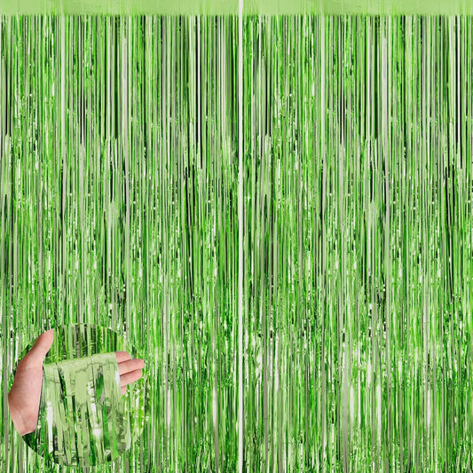 Grass Green Fringe Curtain Party Streamers 2Pack 3.3 x 8.3 Ft Foil Fringe Backdrop Curtains for Birthday Wedding Bridal Baby Shower Holiday Tinsel Streamers Green Party Decorations Door Streamer