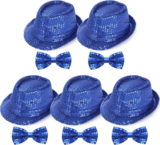 10 Pcs Unisex Sequin Fedora Hat Sequin Bow Ties Set Bling Retro Dance Jazz Cap Funky Party Costume Fedora