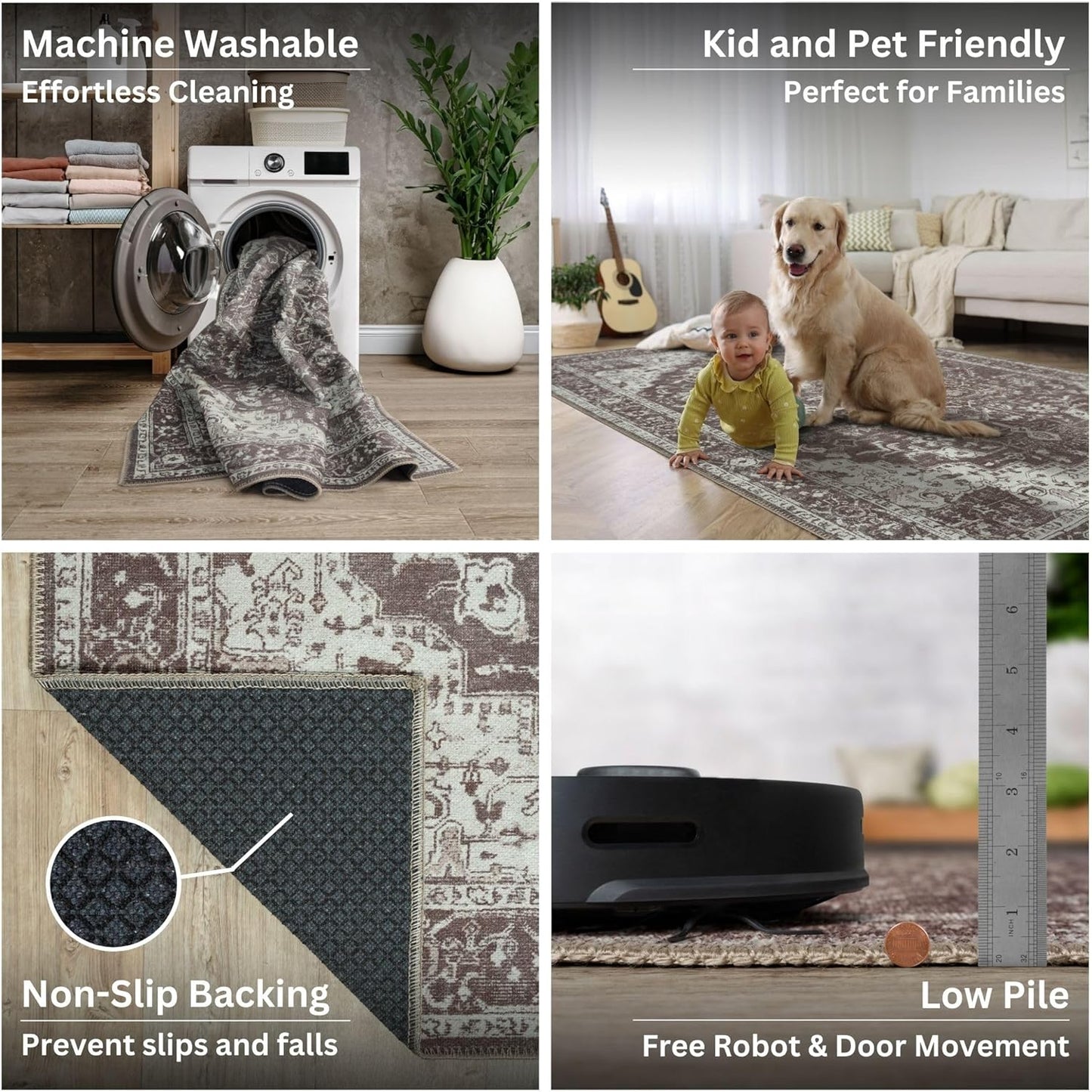 Bloom Rugs Washable Non-Slip 9' x 12' Rug - Dark Brown Traditional Medallion Area Rug for Living Room, Bedroom, Dining Room, and Kitchen - Exact Size: 9' x 12'