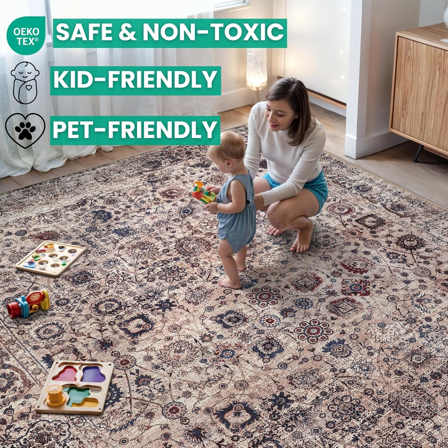 Bloom Rugs Washable Non-Slip 4' x 6' Rug - Light Tan/Blue Traditional Oriental Area Rug for Living Room, Bedroom, Dining Room, and Kitchen - Exact Size: 4' x 6'