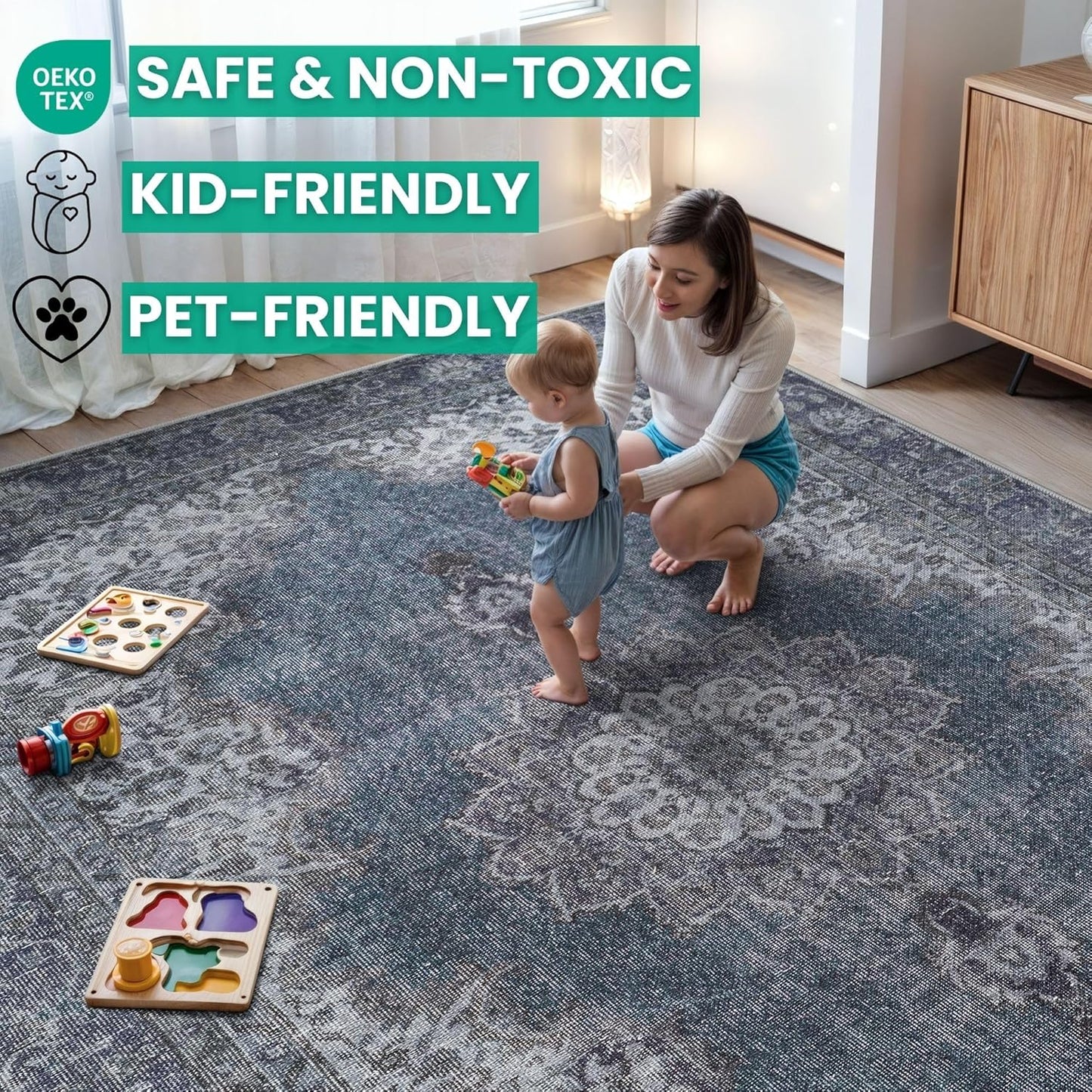 Bloom Rugs Washable Non-Slip 12 ft Runner - Dark Teal Traditional Medallion Runner for Entryway, Hallway, Bathroom, and Kitchen - Exact Size: 2.5' x 12'