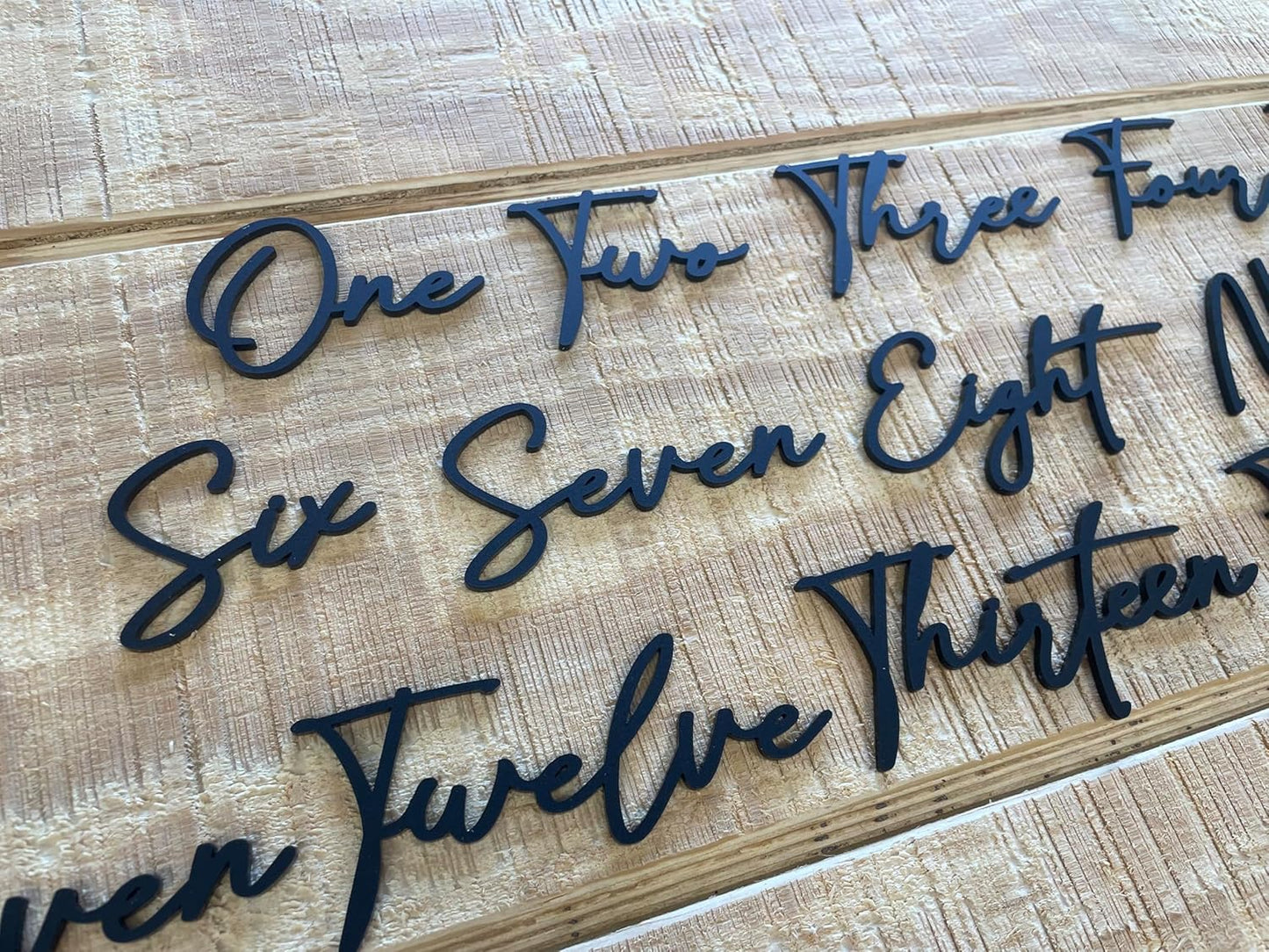 Cursive Wedding Table Number SET, DIY thin modern Black or White acrylic cutouts with silicone glue included. Words only, no backing (One - Five, Matte Black)