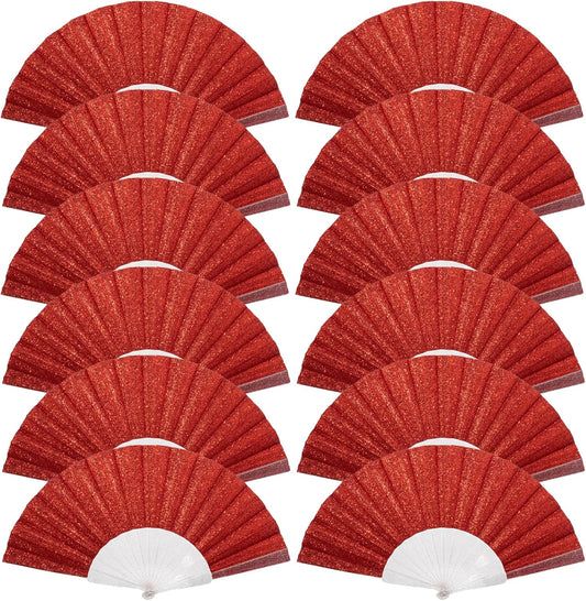 12 Pack Handheld Fan,Folding Hand Glitter Fan with Shining Transparent Fan Rib – Ideal for Wedding, Church, Festival, Dance, Tea Party, Club, and EDM Accessories, Red