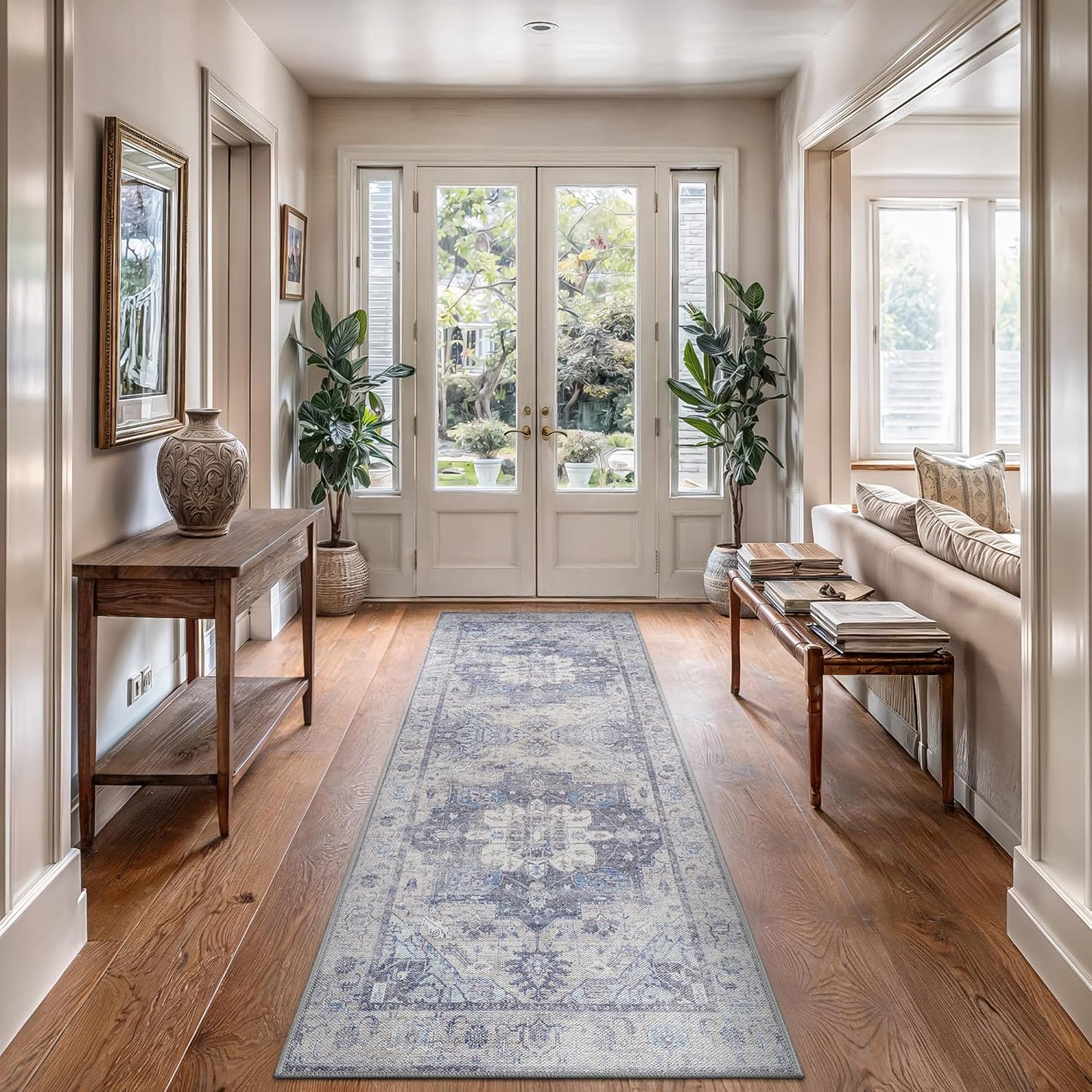 Bloom Rugs Washable Non-Slip 12 ft Runner - Blue/Sand Traditional Medallion Runner for Entryway, Hallway, Bathroom, and Kitchen - Exact Size: 2.5' x 12'