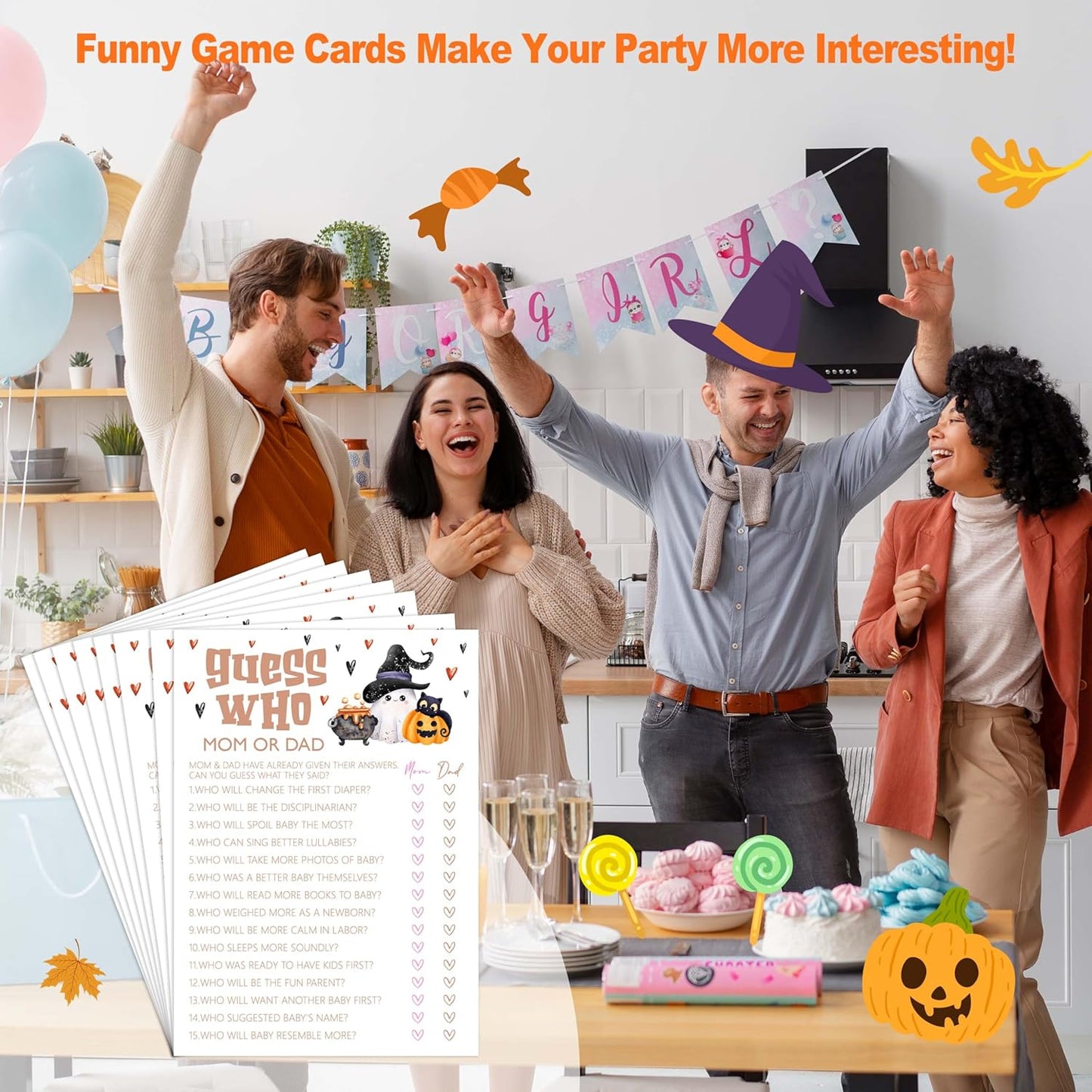 Baby Shower Games, Halloween Guess Who Mom or Dad, 25 Double-Sided Game Cards for Gender Reveal Party Decorations Supplies Announcement - B01