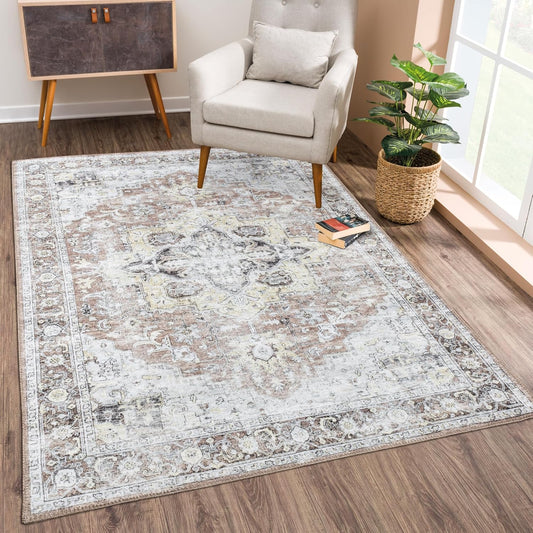 Bloom Rugs Washable Non-Slip 5' x 7' Rug - Blush/Beige Traditional Medallion Area Rug for Living Room, Bedroom, Dining Room, and Kitchen - Exact Size: 5' x 7'