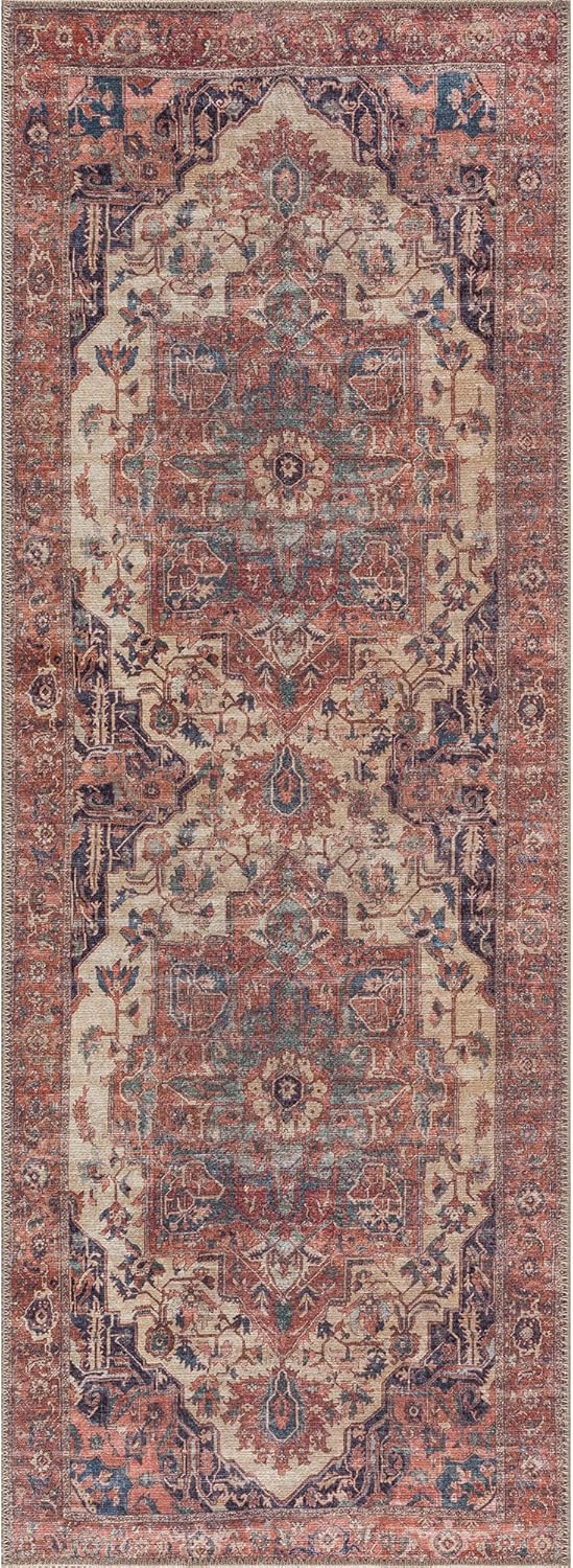 Bloom Rugs Washable 7 ft Runner - Beige/Terracotta Traditional Runner for Entryway, Hallway, Bathroom, and Kitchen - Exact Size: 2.5' x 7'