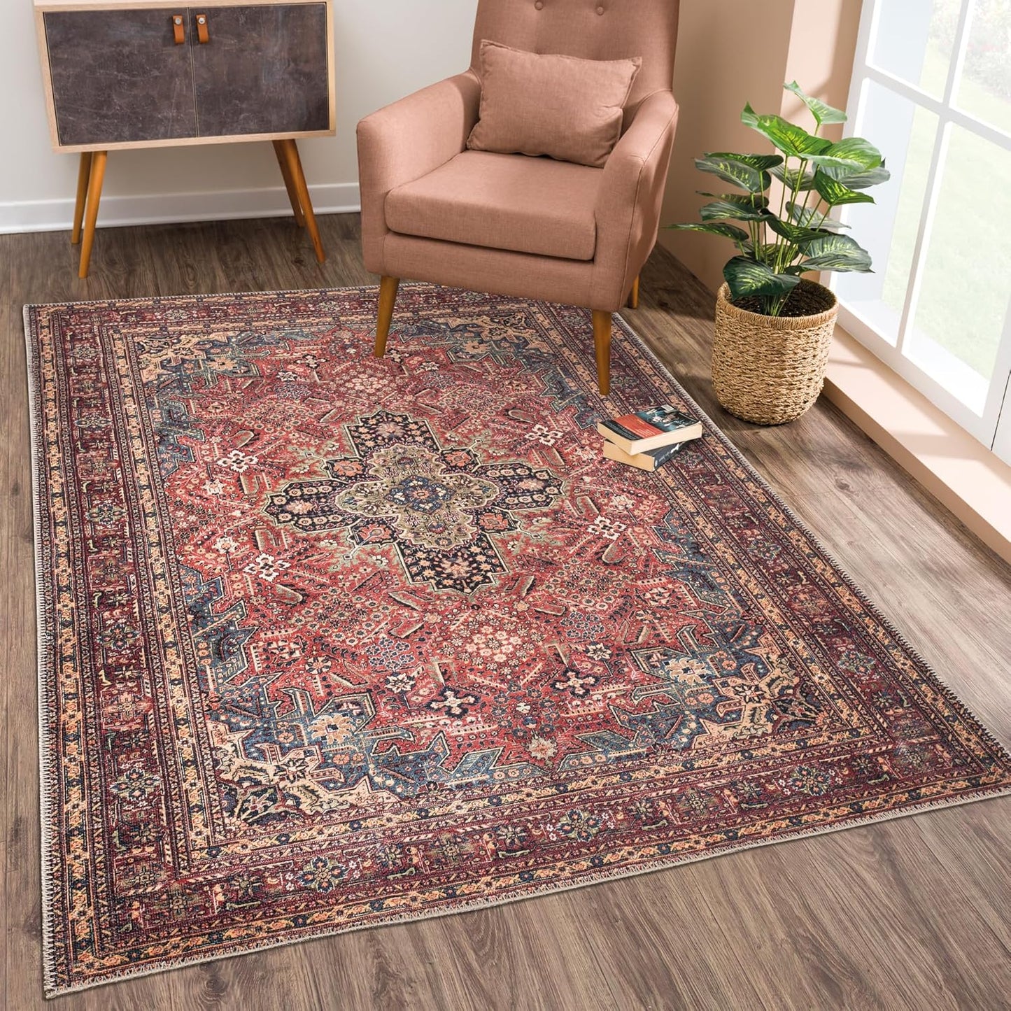 Bloom Rugs Washable Non-Slip 2' x 3' Rug - Red/Teal Blue/Yellow Traditional Medallion Area Rug for Living Room, Bedroom, Dining Room, and Kitchen - Exact Size: 2' x 3'