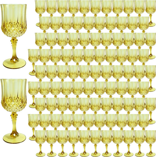 Plastic Wine Glasses，100PCS Gold Plastic Goblets Vintage Style Cordial Drinking Glasses for Wedding Reception, Grand Event Party Supplies (100, Gold)