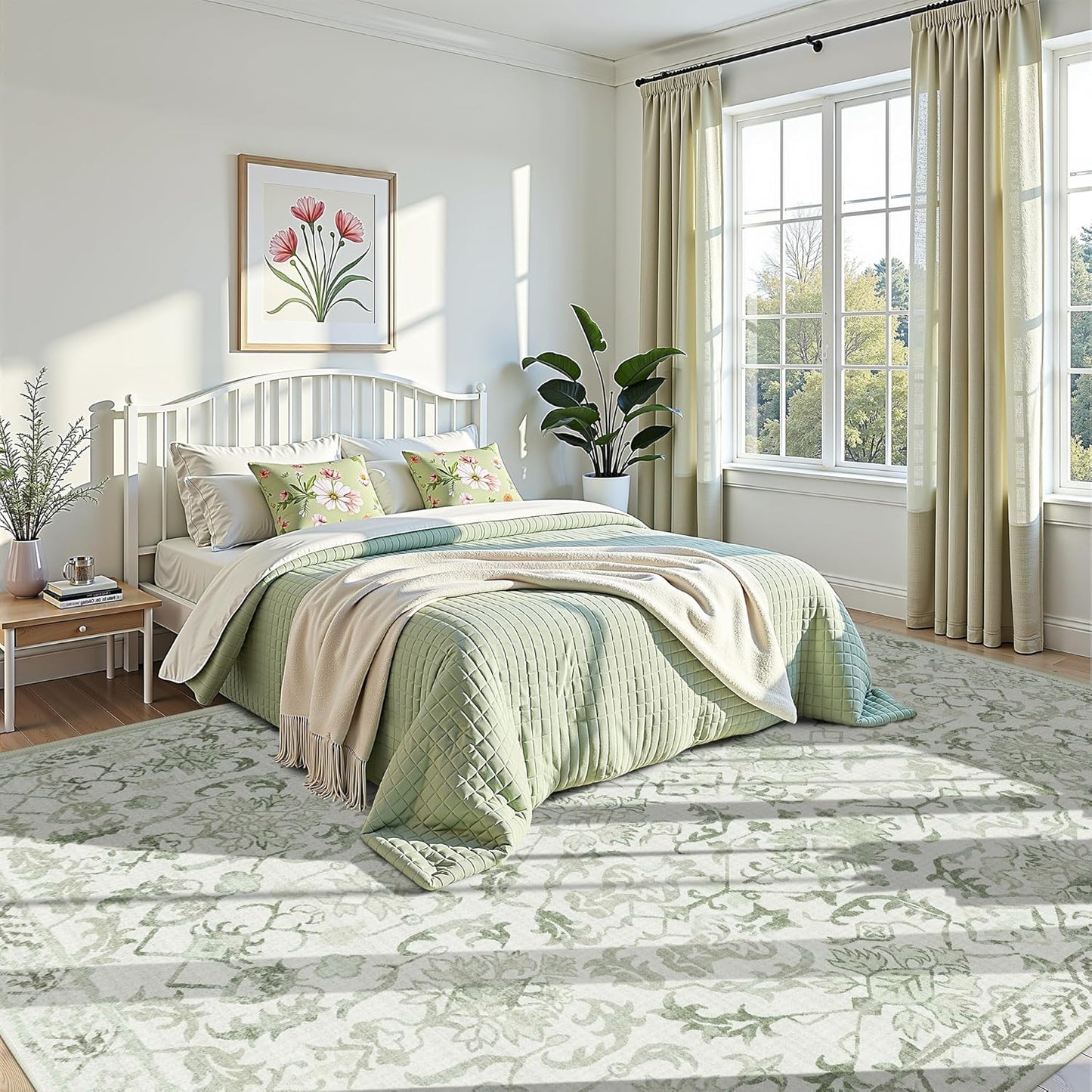 Sage Area Rugs 6x8 for Living Room, Washable Vintage Rugs for Bedroom, Distressed Throw Rug, Non Slip Floral Carpet Green Area Rug for Bedroom Dining Nursery