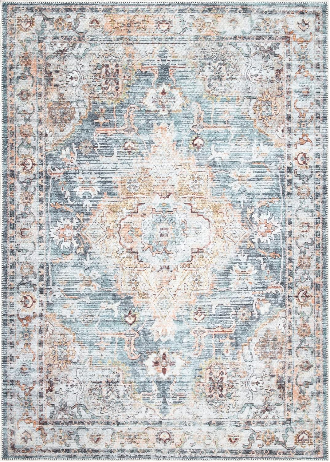 Bloom Rugs Washable Non-Slip 8' x 10' Rug - Teal/Peach Traditional Area Rug for Living Room, Bedroom, Dining Room, and Kitchen - Exact Size: 8' x 10'