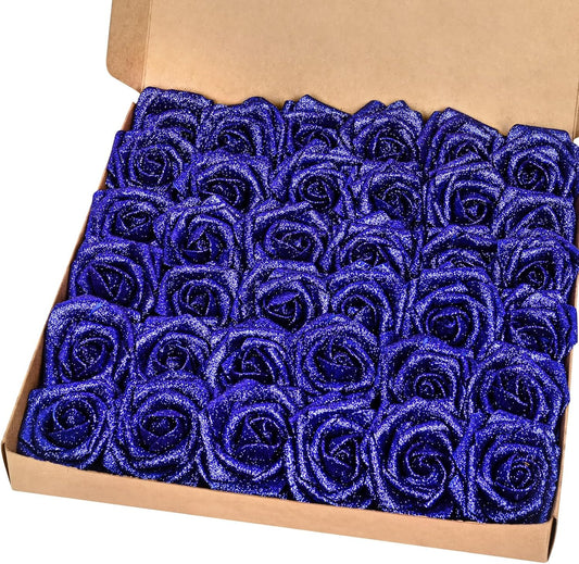 BLEUM CADE 36Pcs Artificial Flowers Fake Roses with Stems, Blue Glitter Boxed Foam Roses for DIY Bouquets Centerpieces Wedding Party Arrangement Bridal Shower Decor