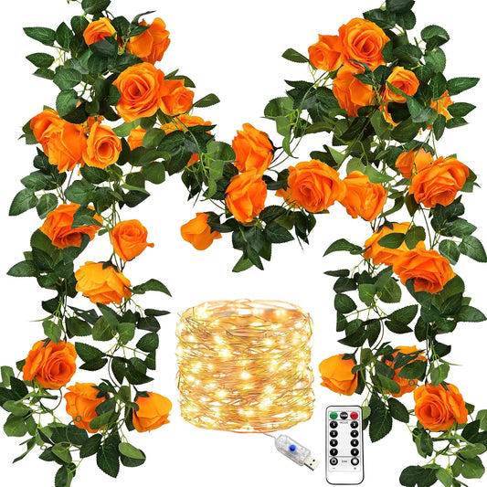 FiveSeasonStuff 29 Ft 4 Pack Mandarin Orange Rose Silk Flower Garland Artificial Flowers Decoration Hanging Floral with 66 feet String Lights