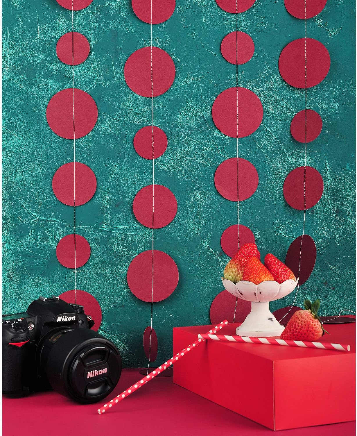 Burgundy Paper Garland Circle Dot Party Banner Wall Streamers Backdrop Ceiling Hanging Decorations, 20 Feet in Total