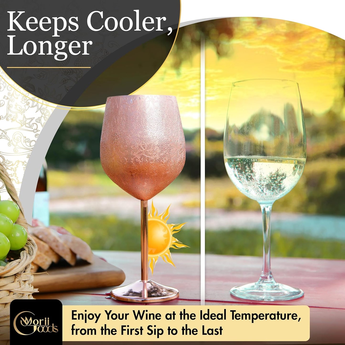 Stainless Steel Wine Glasses – Set of 2 Etched 16 oz Metal Goblets, Unbreakable Rose Gold Cups for Camping, Travel, Outdoor Events, Picnics, Luxury Wine Gifts for Women and Men