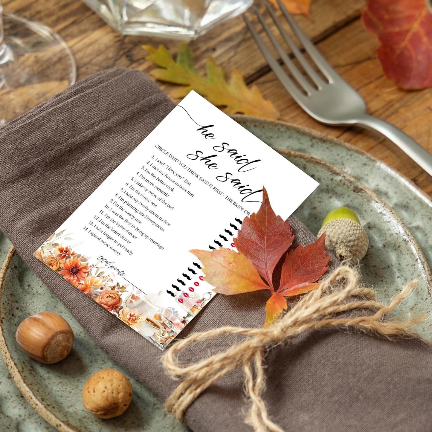 Fall Bridal Shower Games Cards, He Said She Said Wedding Bachelorette Party Games, Fall in Love Bridal Shower Decorations, 25 Cards, G03