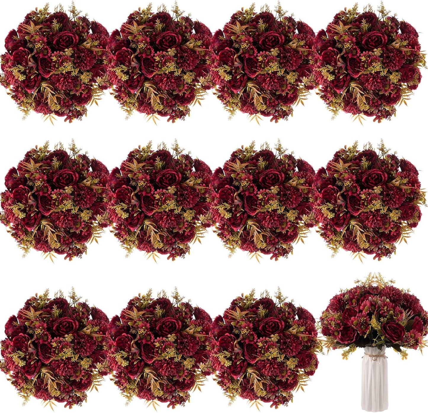 Tigeen Artificial Flowers Artificial Peonies Silk Flowers Faux Peony Fake Peony Silk Hydrangea Bouquet for Wedding Table Centerpiece Floral Vase Decor(Claret,12 Bundles)