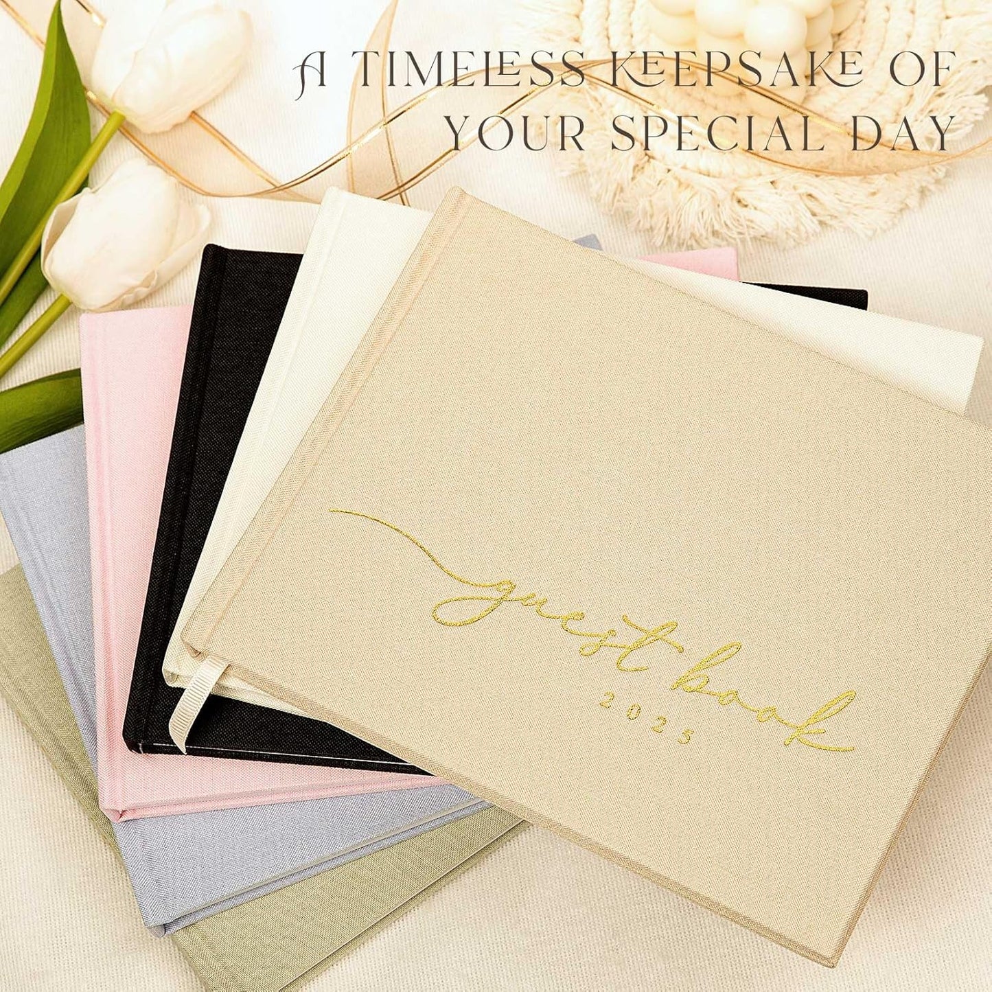 Lanpn Wedding Guest Book 2025 - Linen Hardcover Polaroid Guestbook Wedding Reception with 108 Blank Pages for Sign in and Photos - Guest Book for Wedding Bridal Shower Baby Shower Party (Beige)