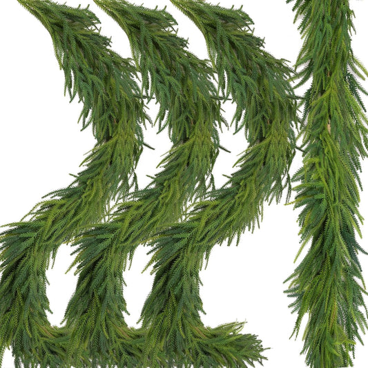 4 Pcs Artificial Norfolk Pine Garlands Christmas, 9 FT Dense Real Touch Winter Pine Garland Ornament, Green Artificial Greenery Garland for Table, Mantle, Wall, Indoor, Outdoor Christmas Decorations