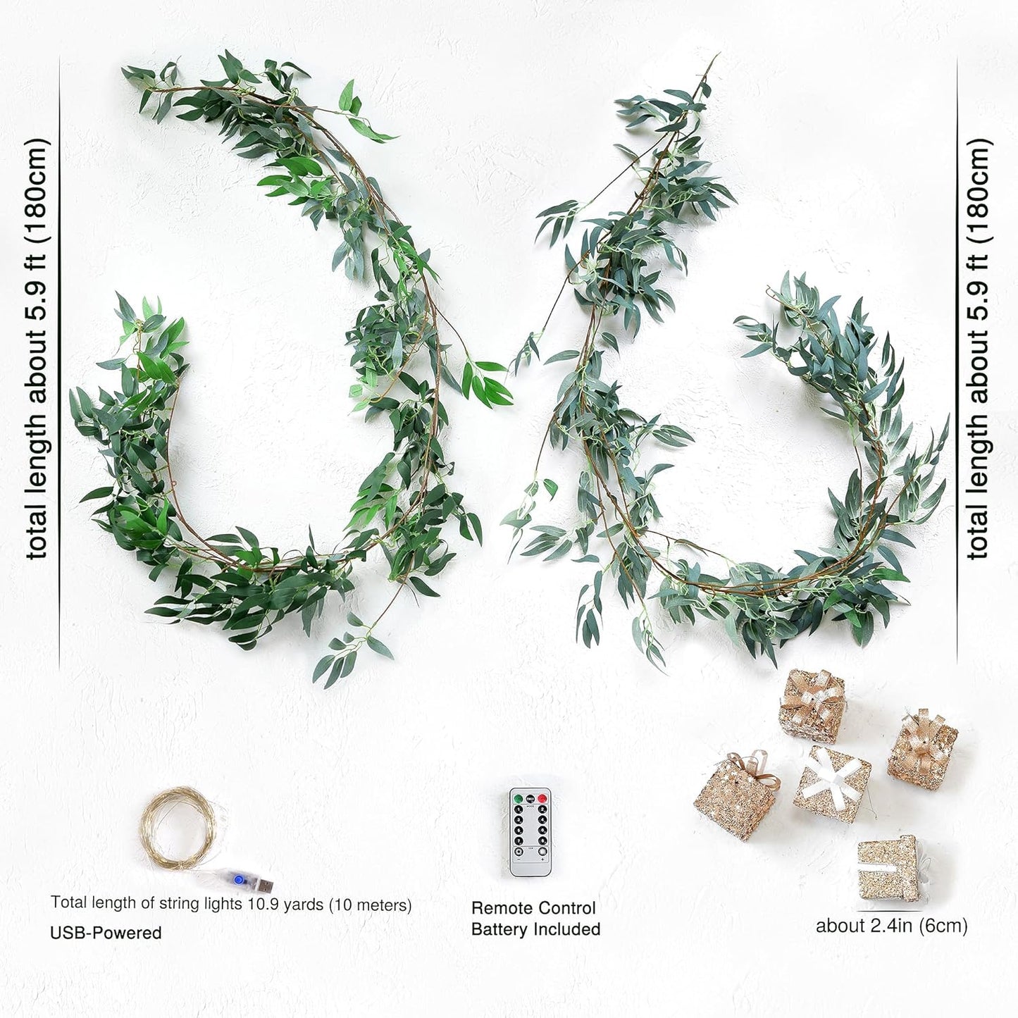 Artificial Willow Garland with Lights & Ornaments – 2-Pack Lighted Greenery Vine, USB Fairy Lights with Remote & Timer for Mantels, Weddings, Fireplace, Holidays, Parties & Everyday Home Decor