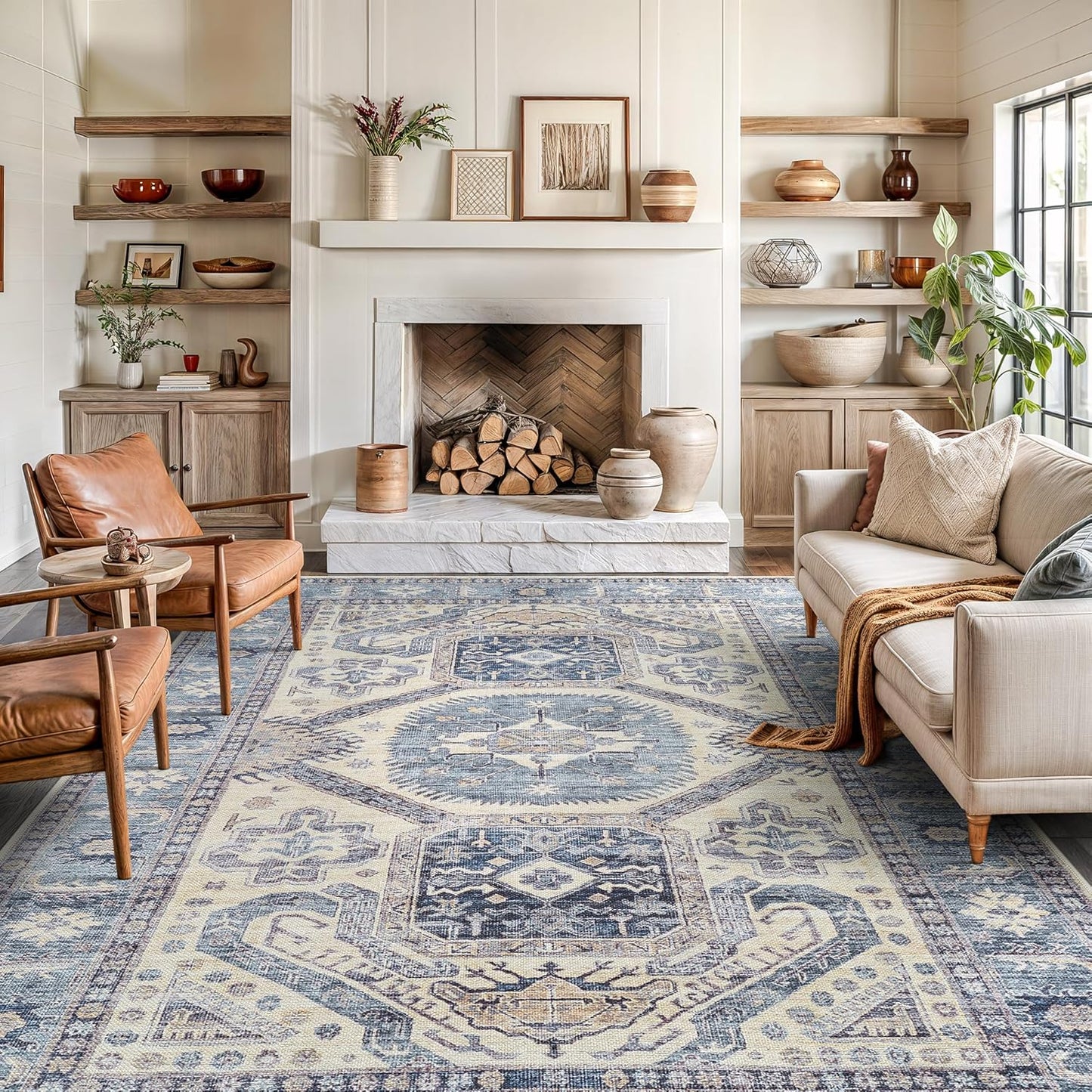 Bloom Rugs Washable Non-Slip 9' x 12' Rug - Blue/Beige Traditional Oriental Area Rug for Living Room, Bedroom, Dining Room, and Kitchen - Exact Size: 9' x 12'
