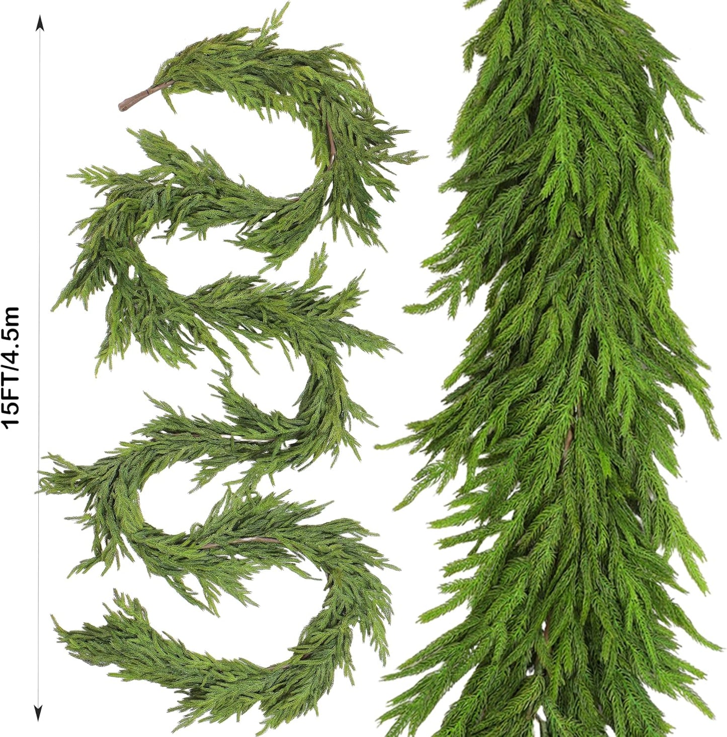 15FT Extra Full Christmas Garland Norfolk Pine Garland Realistic Artificial Christmas Greenery Garland for Mantle Stairs Railing Table Fireplace Wall Indoor Outdoor Holiday Xmas Decor Decoration