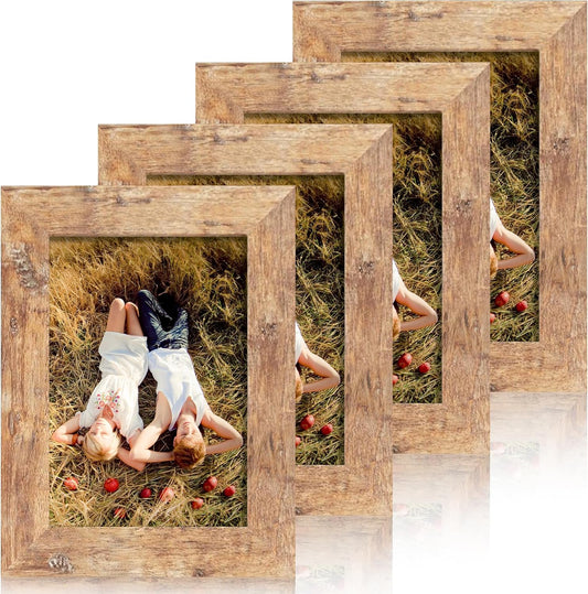 4x6 Picture Frame Set of 4, High Definition Real Glass Rustic Brown Frame, 4 x 6 Wood Photo Frames for Tabletop Display and Wall Mounting