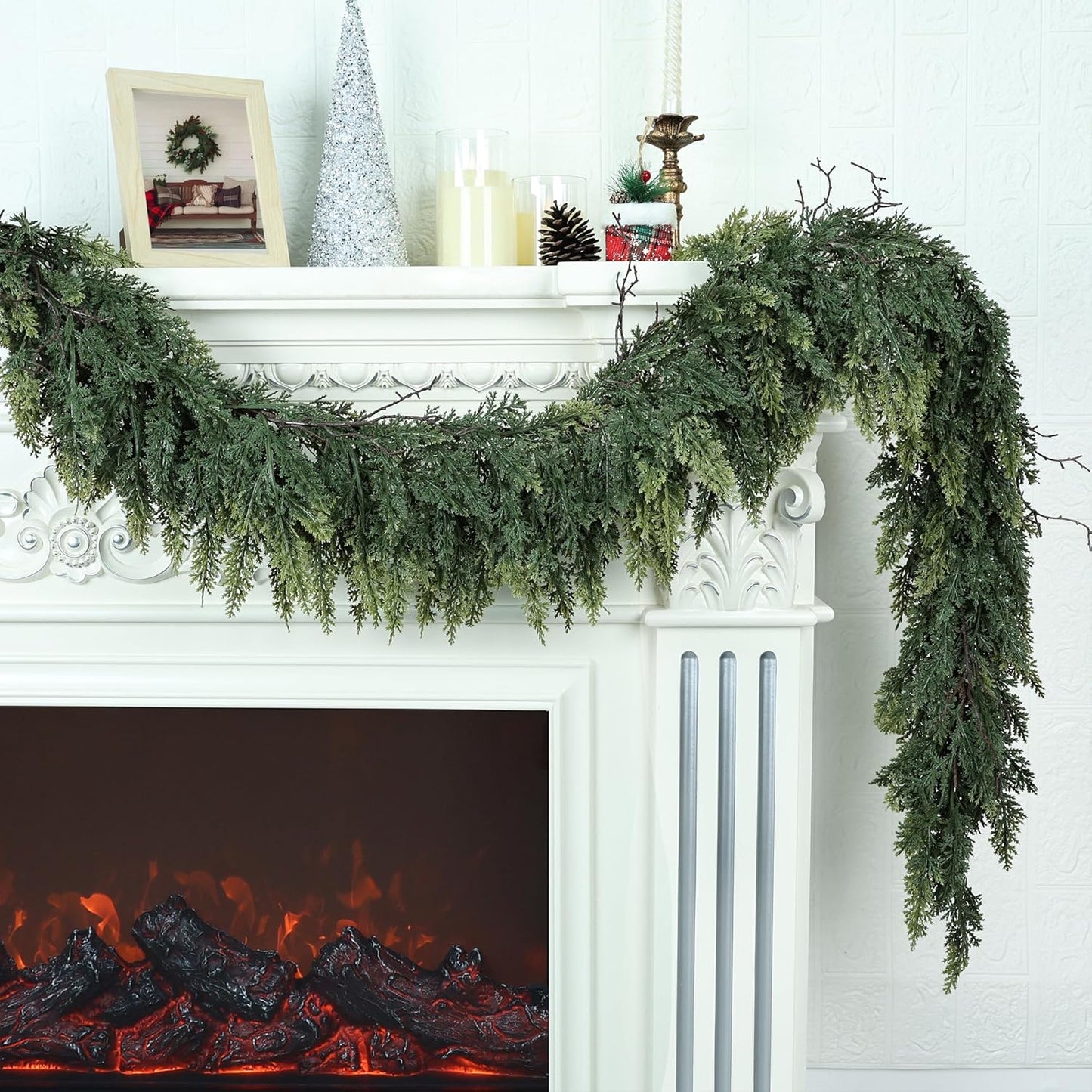 Realistic Christmas Garland for Mantle 16FT Real Touch Thick/Lush Artificial Cedar Garlands Christmas Decorations Indoor Christmas Garland for Stairs Railing Outdoor Table Holiday Decor Greenery