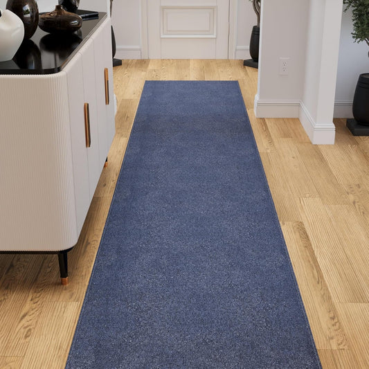 Ottomanson 2' x 14' Ultra-Thin Hallway Runner Rug - Durable Non-Slip Carpet for High-Traffic Areas - Fits Under Doors for Seamless Entry - Ideal for Kitchen, Entryway, Bedroom & Living Room, Navy
