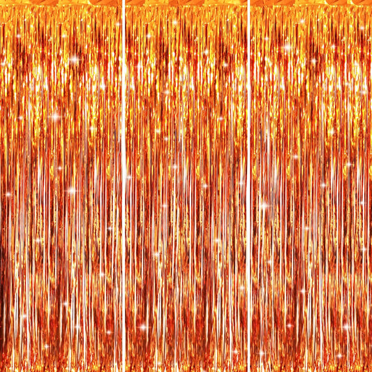 GOER 3.2 ft x 8.2 ft Metallic Tinsel Foil Fringe Curtains Party Photo Backdrop Party Streamers for Birthday,Graduation,New Year Eve Decorations Wedding Decor (3 Packs,Orange)
