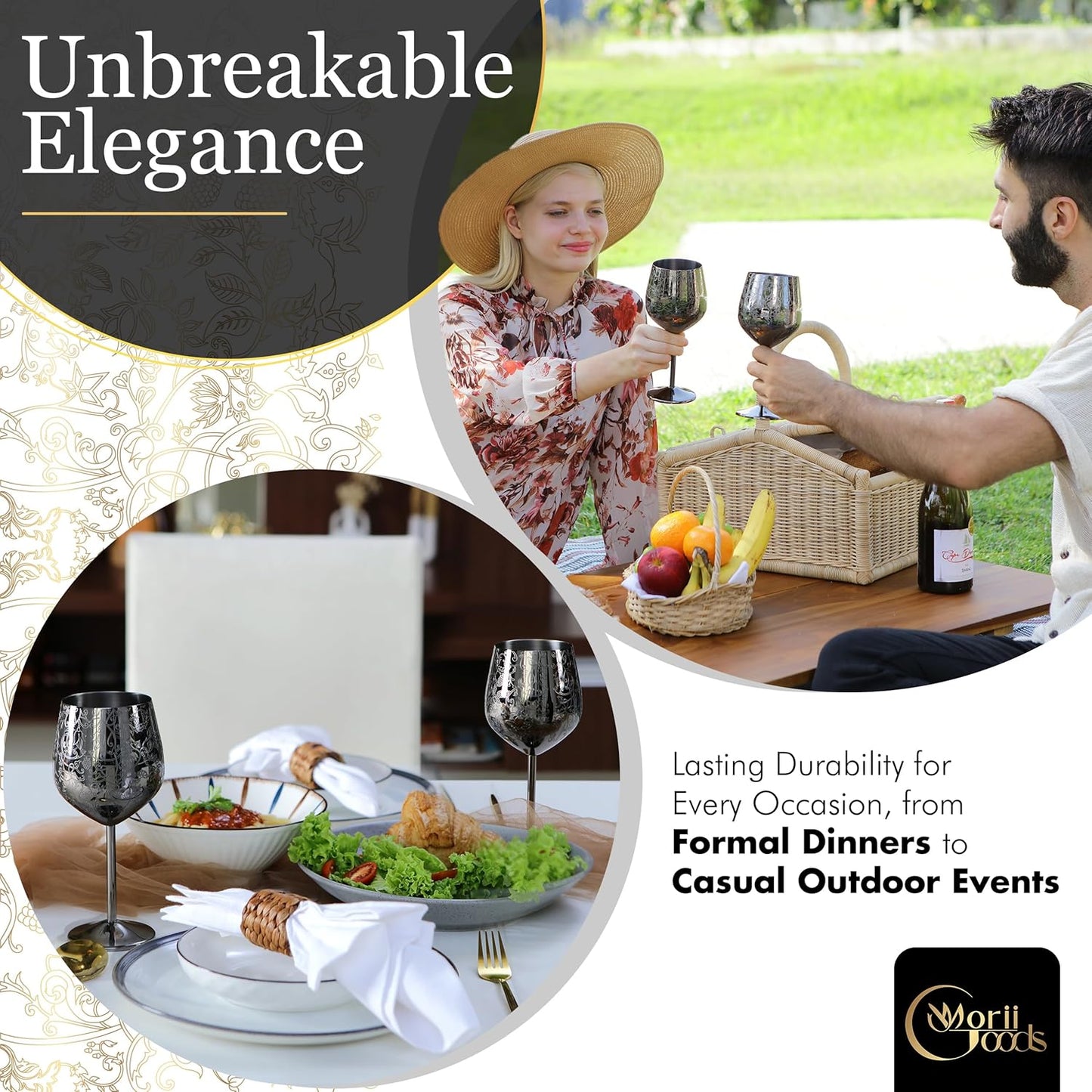 Stainless Steel Wine Glasses - Set of 2 Etched 16 oz Metal Goblets, Unbreakable Rose Gold Cups for Camping, Travel, Outdoor Events, Picnics, Luxury Wine Gifts for Women and Men