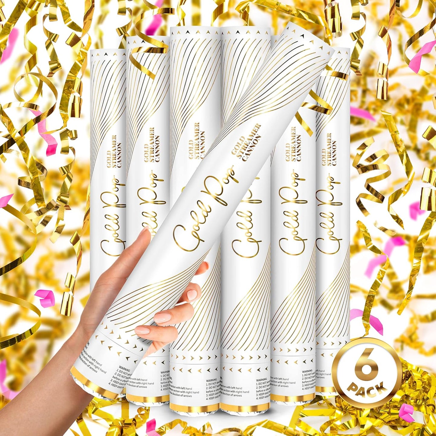 GOLD Streamers Confetti Cannon - 16" GOLD Streamers Party Poppers, Confetti Shooters/Glitter/Bomb, Streamer Poppers No Mess, Wedding Confetti Send Off, Loud POP, Shoot Up to 40ft