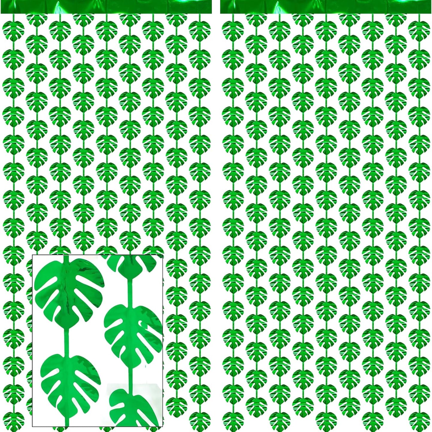 2 Packs Jungle Leaf Foil Fringe Curtain, Green Glitter Tropical Palm Leaves Metallic Tinsel Backdrop for Safari Birthday, Baby Shower, Hawaiian Aloha Luau Party Decorations Supplies