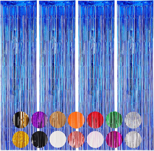 4 Pack Blue Foil Fringe Backdrop Curtains, Tinsel Streamers Birthday Party Decorations, Fringe Backdrop for Graduation, Baby Shower, Gender Reveal, Disco Party