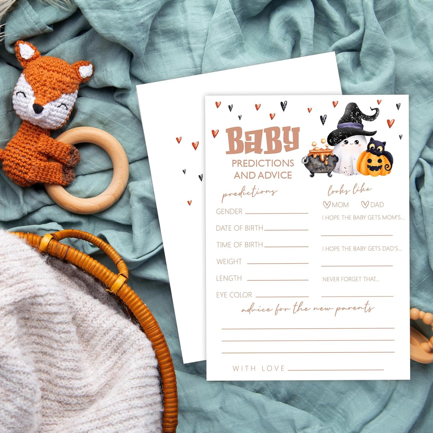 Baby Shower Games, Halloween Baby Predictions and Advice Cards, 25 Double-Sided Game Cards for Gender Reveal Party Decorations Supplies Announcement - B02