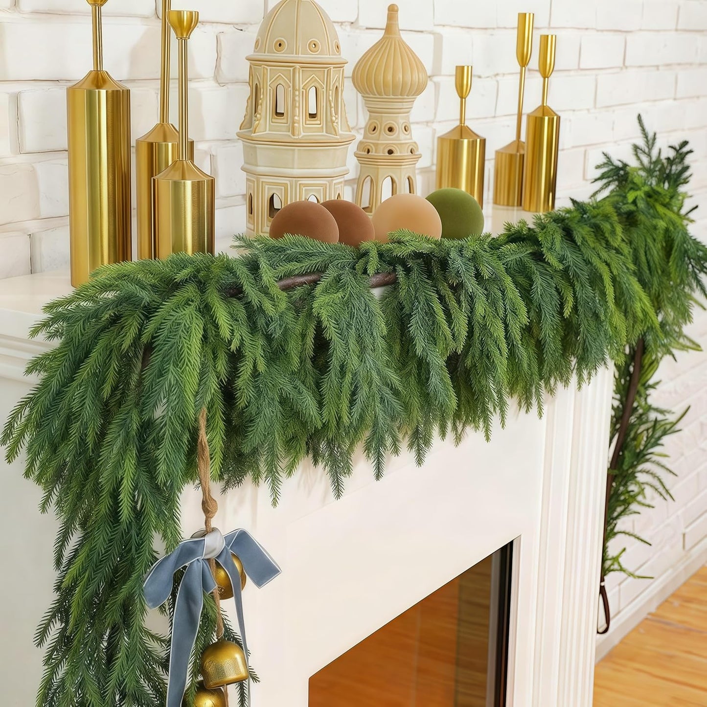 Christmas Decorations Artificial Norfolk Pine Garlands 9FT, 4Pcs Real Touch Winter Pine Garland, Green Artificial Greenery Garland for Table, Mantle, Wall, Indoor, Outdoor Decorations