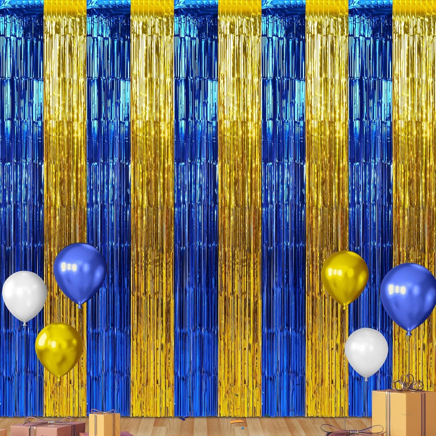 3 Pack 3.3Ft x 6.6Ft Graduation Foil Fringe Curtain Backdrop Decorations, Blue Gold Metallic Tinsel Foil Streamers Curtain Photo Booth Background for Graduation Prom Wedding Birthday Party Decorations