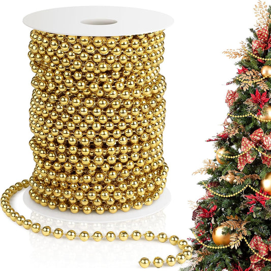 Pearl Beads Garland, 6 MM Gold Faux String of Pearls, Pearl Garland for Christmas Tree 82FT Pearl Beads Strand Spool Bead Roll for Crafts Floral Centerpieces Wedding Party Christmas Tree Decorations