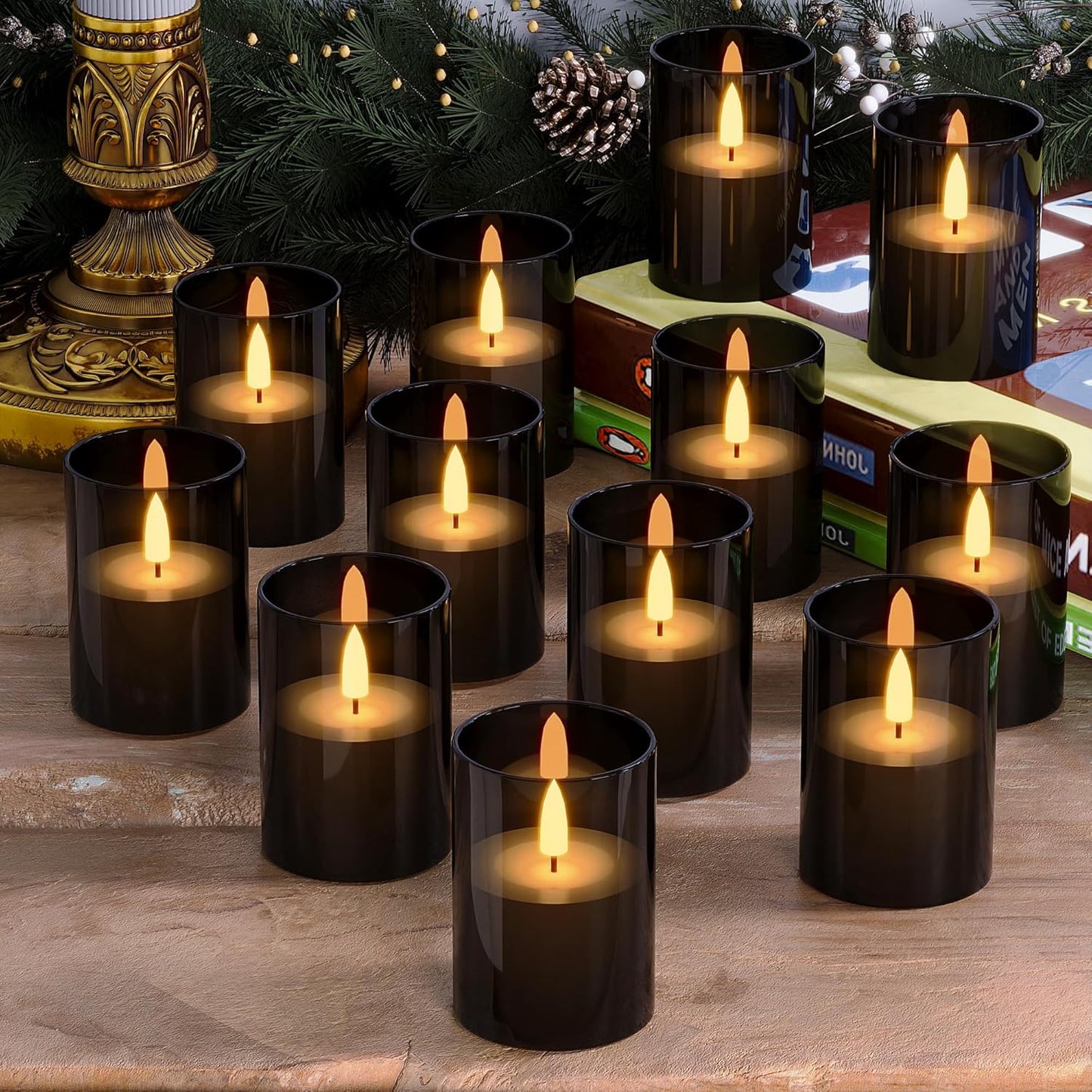 12Pack Flickering Flameless LED Candles with Timer, Battery Powered - Small Pillar & Votive, Black (2"X3")