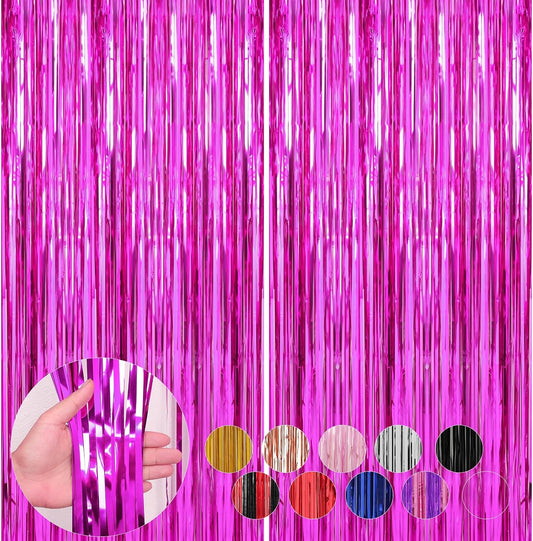 2 Pack Hot Pink Foil Fringe Curtains Streamers Party Decorations 3.3 x 8.2 ft, Tinsel Curtain Fringe Backdrop for Parties, Door Fringe Birthday Streamers, Photo Booth Backdrops, Party Decor