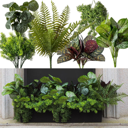 PARTY JOY 12 Bunches Fake Plants Outdoor, Fake Bushes UV Resistant Artificial Flowers Greenery Shrubs Faux Greenery for Outdoor Garden Patio Front Porch Yard Decor