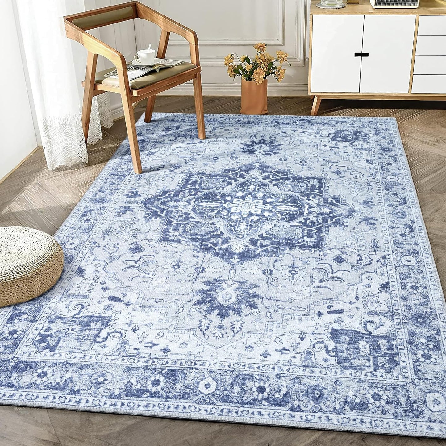 Bloom Rugs Washable Non-Slip 4' x 6' Rug - Gray/Blue Traditional Medallion Area Rug for Living Room, Bedroom, Dining Room, and Kitchen - Exact Size: 4' x 6'