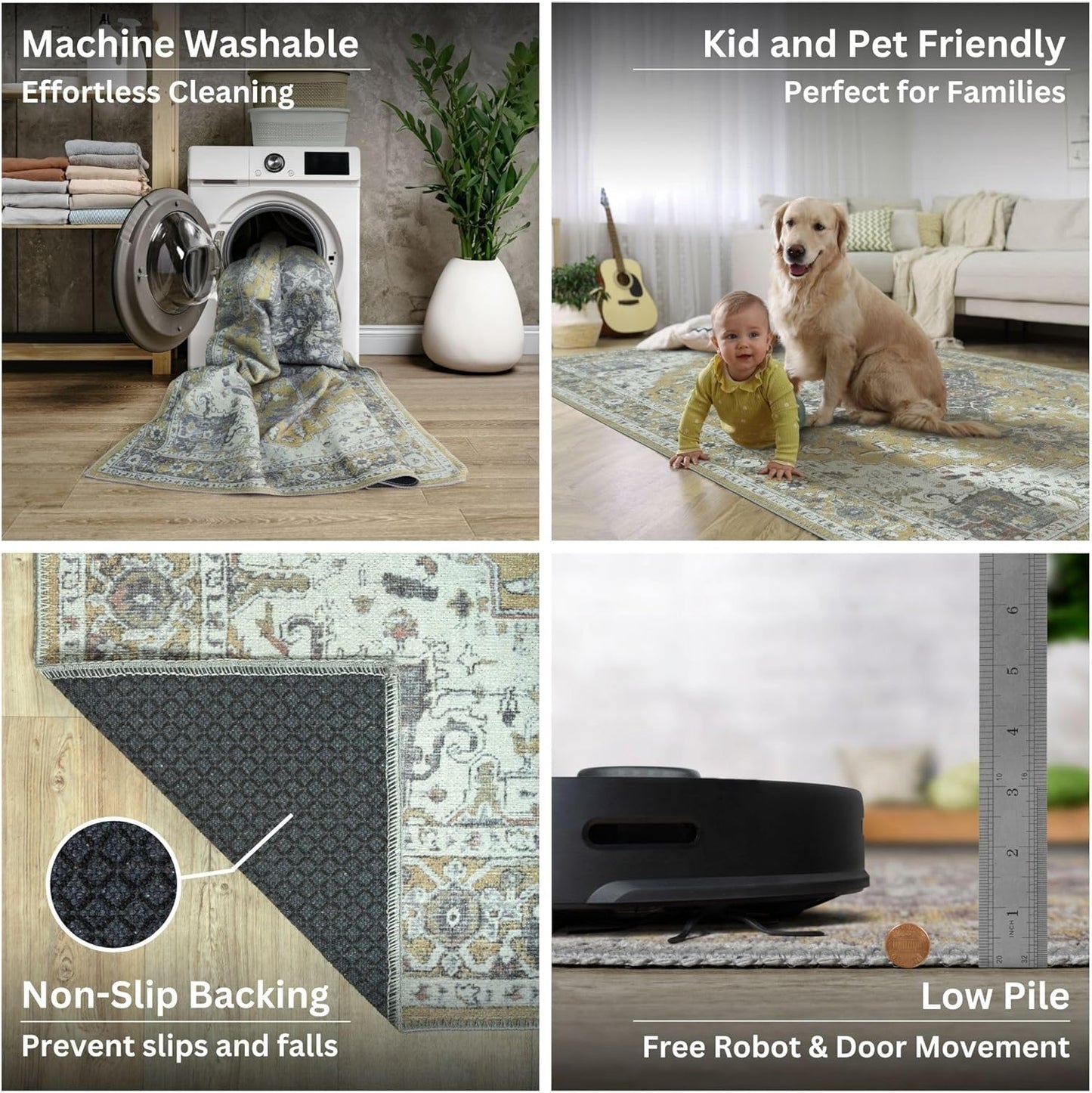 Bloom Rugs Washable Non-Slip 5' x 7' Rug - Yellow Traditional Medallion Area Rug for Living Room, Bedroom, Dining Room, and Kitchen - Exact Size: 5' x 7'