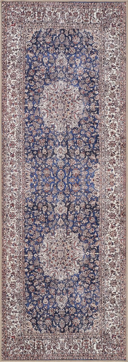 Bloom Rugs Washable Non-Slip 10 ft Runner - Dark Blue/Beige Traditional Medallion Runner for Entryway, Hallway, Bathroom, and Kitchen - Exact Size: 2.5' x 10'