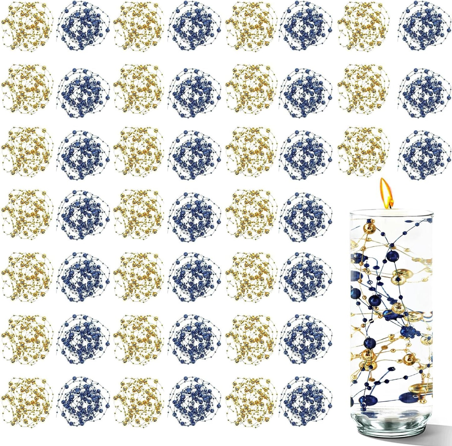 50 PCS Artificial Floating Beads for Centerpieces & Vase Fillers - Navy Blue&Gold 8+3mm String Beads, Faux Pearl Strings for Wedding, Party, Crafts, and Home Decoration