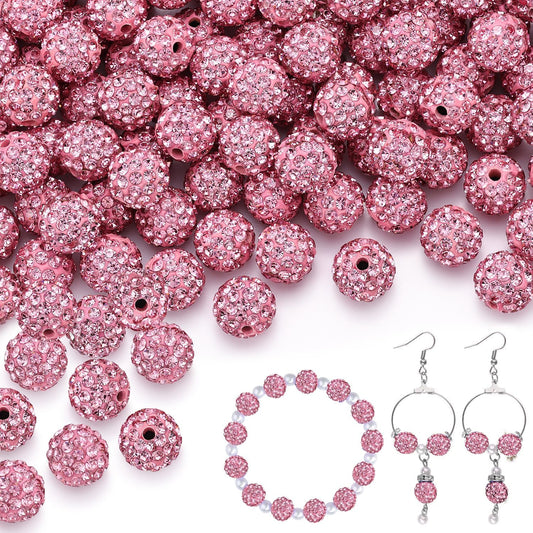 100 pcs 10mm Rhinestone Beads for Jewelry Making, Pink Shiny Round Shamballa Disco Beads Bulk, Sparkle Crystal Clay Christmas for Bracelet Baseball Necklace Earring Crafting and DIY