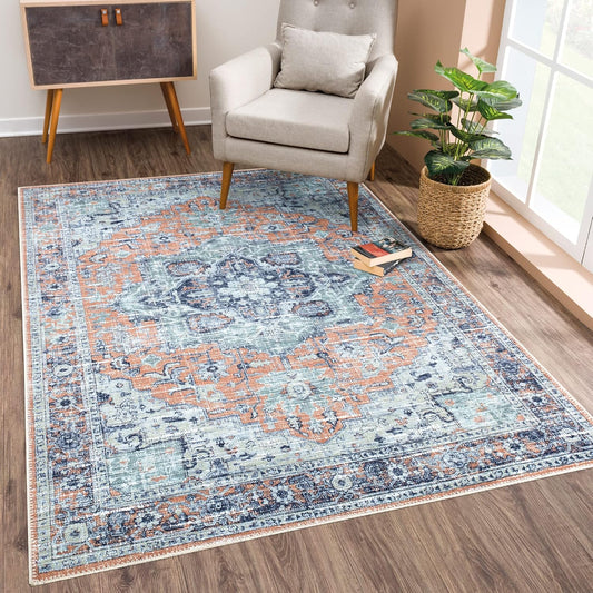 Bloom Rugs Washable Non-Slip 8' x 10' Rug - Peach/Blue Traditional Area Rug for Living Room, Bedroom, Dining Room, and Kitchen - Exact Size: 8' x 10'